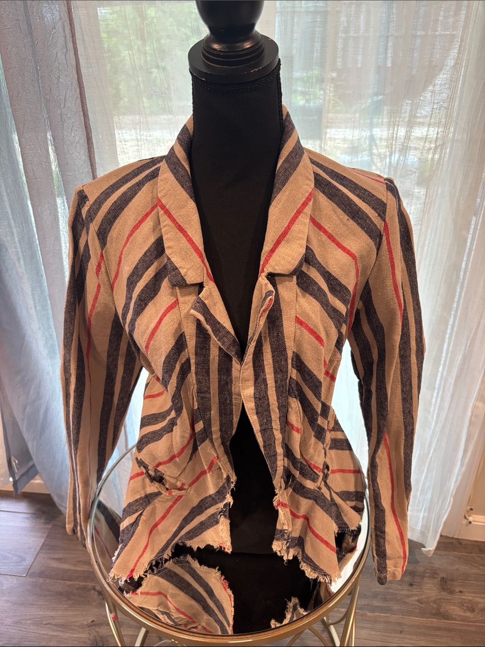 Free People Striped Frayed Open-Front Jacket in Beige, Navy & Red